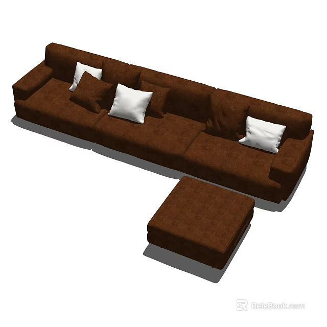 Brown L Shaped Sofa Set With White Cushions And Matching Ottoman 3d model