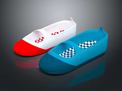 Red And Blue White Casual Shoes With Checkerboard And Small Red Patterns 3d model