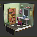 Cartoon Style Study Room With Green Walls Bookcase Desk Laptop Orange Chair And Scattered Papers