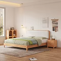 Wooden Double Bed With Light Headboard Green Blue Bedding Nightstand In Modern Cozy Bedroom