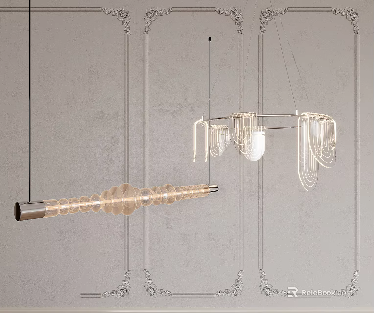 Contemporary Hanging Chandeliers With Metallic Frames And Glass Details Against Textured Decorative Walls 3d model 