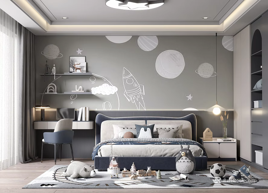 Kids Room Interior With Rocket Planet Wall Decor Bed Toys Shelf And Cozy Rug 3d model 