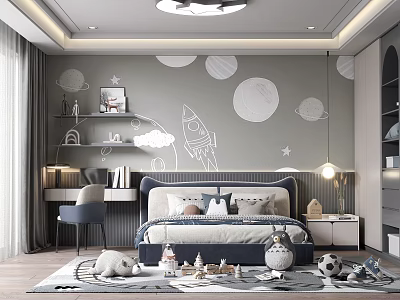 Kids Room Interior With Rocket Planet Wall Decor Bed Toys Shelf And Cozy Rug 3d model