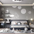 Kids Room Interior With Rocket Planet Wall Decor Bed Toys Shelf And Cozy Rug