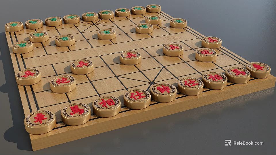Chinese Chess Entertainment With Wooden Board And Red Black Chess Pieces 3d model 