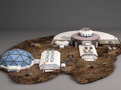 Futuristic Extraterrestrial Base With Blue And White Domed Structures And Ground Equipment 3d model