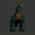 Detailed Fantasy Green Creature With Orange Horns And Scaly Body Standing In Dynamic Pose