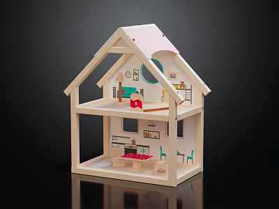 Wooden Toy House With Two Story Structure Detailed Interior Round Window And Colorful Furniture 3d model