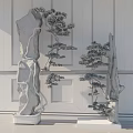 Artistic Bonsai Potted Plants with Black Rock and Red Wooden Base Against Gray Wall