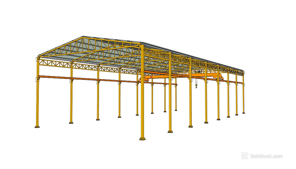 Industrial Equipment Steel Structure Shed With Yellow Supporting Frame And Metal Beams 3d model 