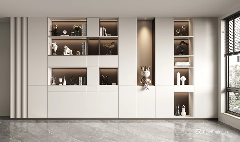 Modern Living Room Display Cabinet With White Shelves Decorative Items And Warm Lighting 3d model 