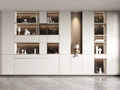 Modern Living Room Display Cabinet With White Shelves Decorative Items And Warm Lighting 3d model