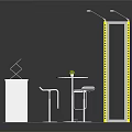 Modern Display Cabinets and Shelves with Yellow Frames and Round Table in Exhibition Area