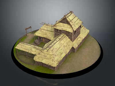 Traditional Thatched Roof Village Houses With Wooden Structure Grassland Setting And Fenced Area 3d model