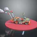 Green Toy Car With Orange Details BOOM Lettering White Smoke And Red Circular Platform