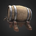 Industrial Equipment Wooden Barrel With Metal Hoops On Wooden Stand And Faucet