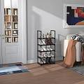 5 Tier Black Shoe Rack With White Brown Shoes In Modern Living Room Wooden Floor