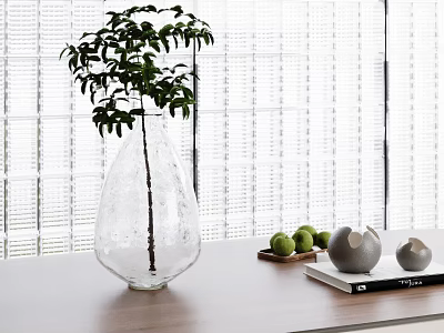 Transparent Teardrop Vase With Green Plant On Wooden Tabletop And Decorative Green Fruits Gray Spheres 3d model