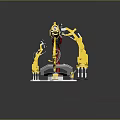 Red And Gold Armored Character With Yellow Mechanical Arms Standing On Platform