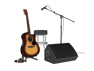 Professional Musical Instruments Collection with Acoustic Guitar Microphone Stand Speaker and Wooden Stool 3d model
