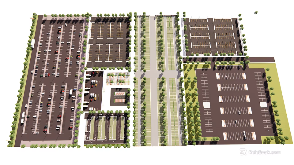 Parking Lot Layout Plan With Multiple Parking Areas Green Belt Separators And Pathways 3d model 