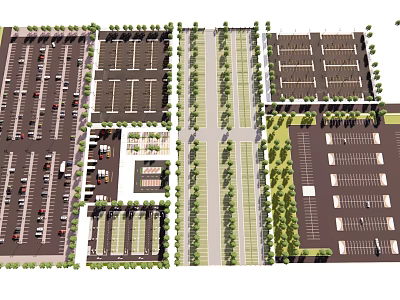 Parking Lot Layout Plan With Multiple Parking Areas Green Belt Separators And Pathways 3d model
