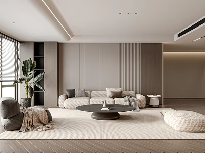 Modern Living Dining Room Interior Design With Grey Sofa Round Coffee Table And Green Plant 3d model