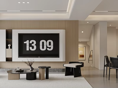 Modern Living and Dining Room Interior Design With Wooden Wall Large Screen TV And Furniture 3d model