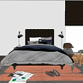 Double Bed with Dark Headboard Blue Gray Bedding Nightstand Lamp Bookshelf and Gray Rug