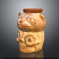 Terracotta Ceramic Vessel With Animal Head Skull Carvings And Red Brown Beige Textured Surface