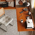 Wooden Desk And Rattan Back Chair In Cozy Study With Table Lamp Books And Decorations