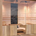 Modern Shower Sauna With Wooden Interior Stone Wall And Ambient Lighting