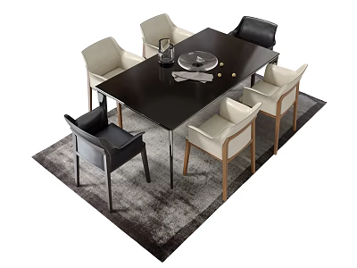 Modern Black Dining Table Set With Metal Legs Beige And Black Chairs Gray Rug 3d model