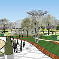 Modern Urban Public Space Featuring Curved Walkways Greenery Trees And Seating Areas