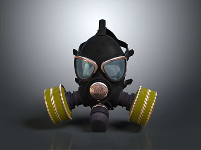 Tactical Weapon Gas Mask With Black Body Green Filters Gold Accents And Military Goggles 3d model