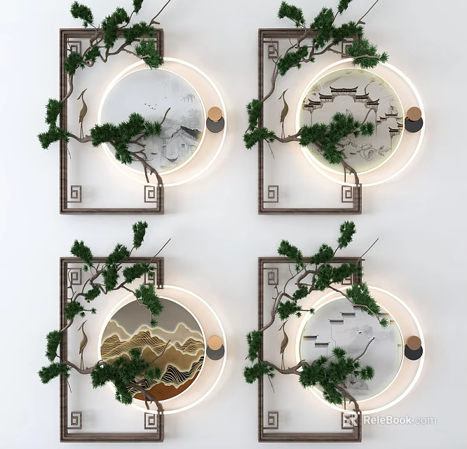 Chinese Style Circular Wall Decor Featuring Tree Branches Green Plants and Soft Lighting 3d model