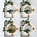 Chinese Style Circular Wall Decor Featuring Tree Branches Green Plants and Soft Lighting 3d model