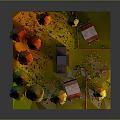 Colorful Paper Art Forest Scene With Yellow Orange Red Trees Small House And Wooden Tables