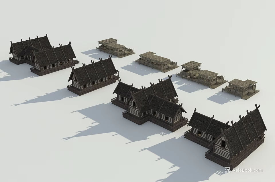 Ancient Architecture Models Featuring Traditional Sloped Roofs And Multiple Structures 3d model 