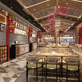 Restaurant Interior Design With Wooden Beams Pink Floral Decorations Yellow Chairs And Dining Tables