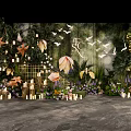 Romantic Garden Decor With Greenery Flowers String Lights And Paper Birds
