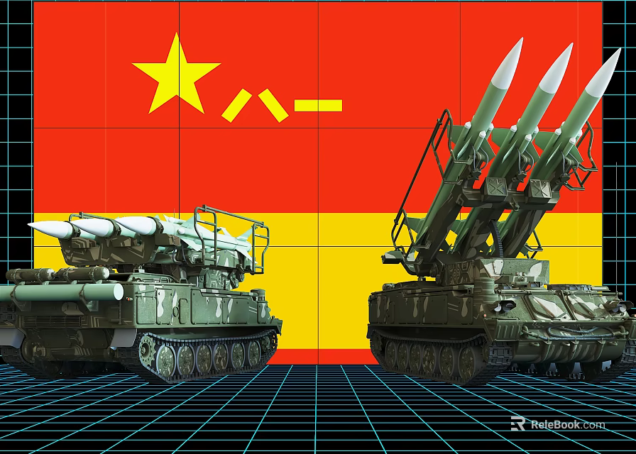 Chinese Military Tanks With Missile Launchers Against Red Yellow Flag Background 3d model 