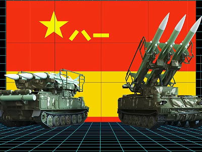 Chinese Military Tanks With Missile Launchers Against Red Yellow Flag Background 3d model