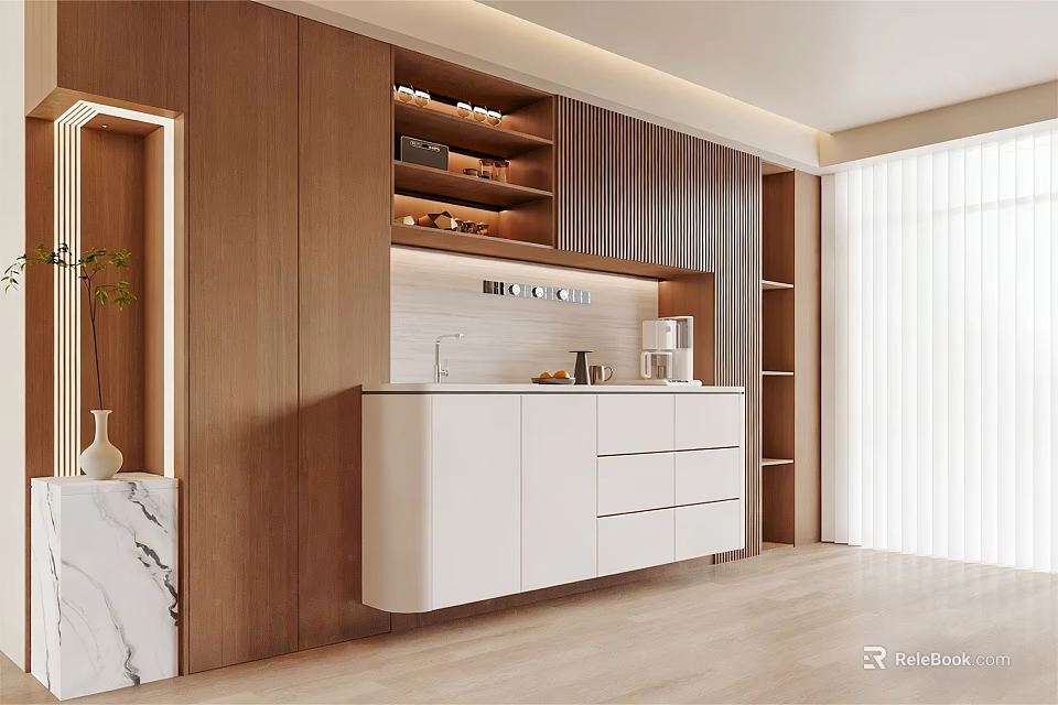 Modern Sleek Sideboard With White Wooden Design Drawers Cabinets And Plants In Bright Interior 3d model 
