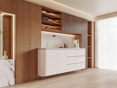 Modern Sleek Sideboard With White Wooden Design Drawers Cabinets And Plants In Bright Interior 3d model