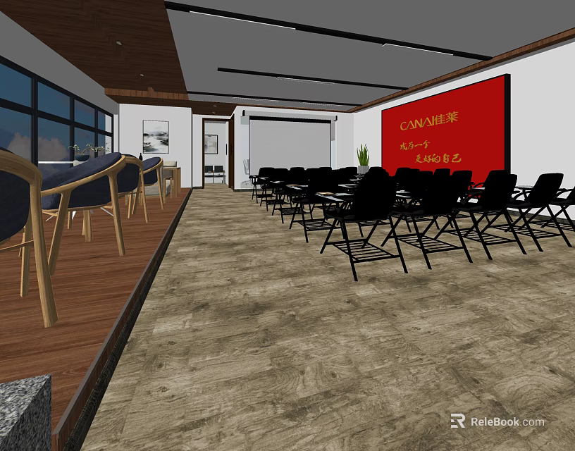 Spacious Conference Room With Red Projection Screen Black Folding Chairs And Large Windows 3d model 