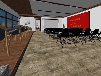 Spacious Conference Room With Red Projection Screen Black Folding Chairs And Large Windows 3d model