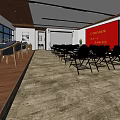 Spacious Conference Room With Red Projection Screen Black Folding Chairs And Large Windows