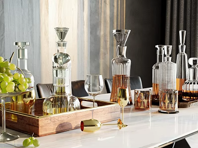 Elegant Modern Wine Bottles And Glasses With Wooden Tray And Green Grapes On White Table 3d model