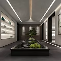 Modern Interior Space With Glass Partitions Display Shelves Green Plants And Wooden Flooring
